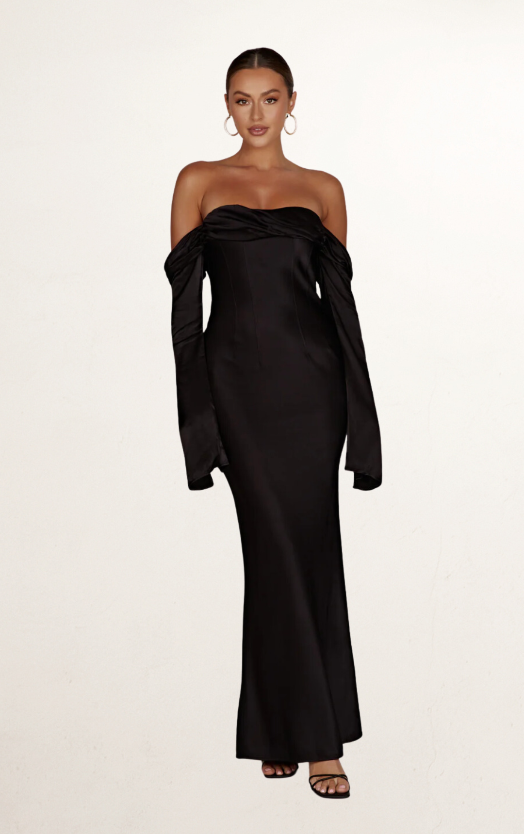 Black Off-Shoulder Cowl Neck Maxi Dress Rental Stylish Flowy Dress Rental Peek