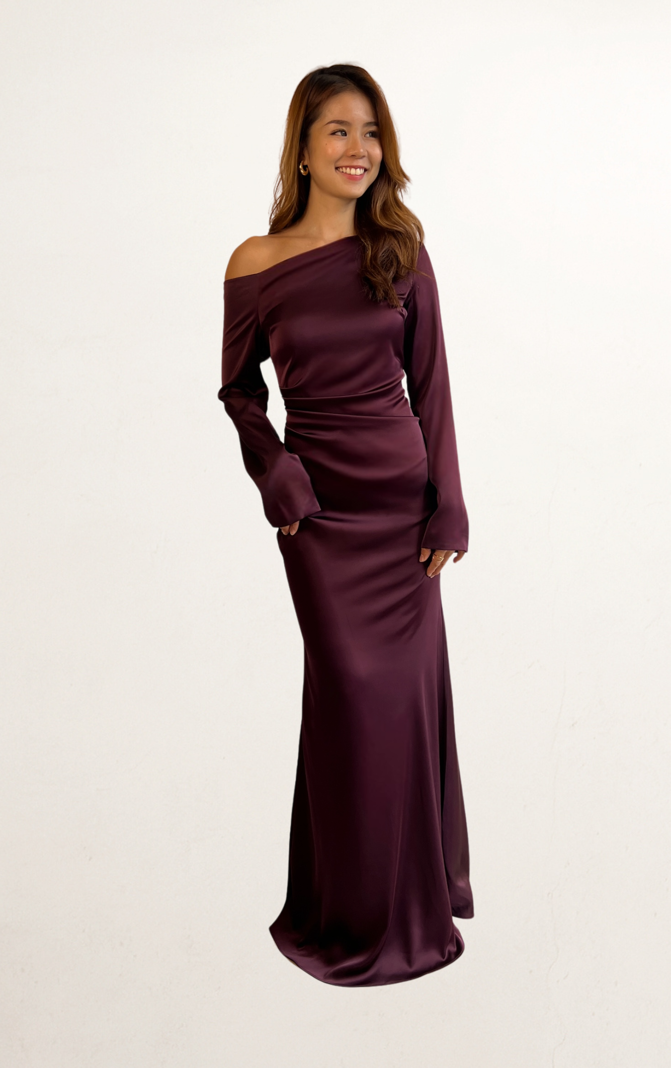 Purple Satin Long Sleeve One-Shoulder Dress