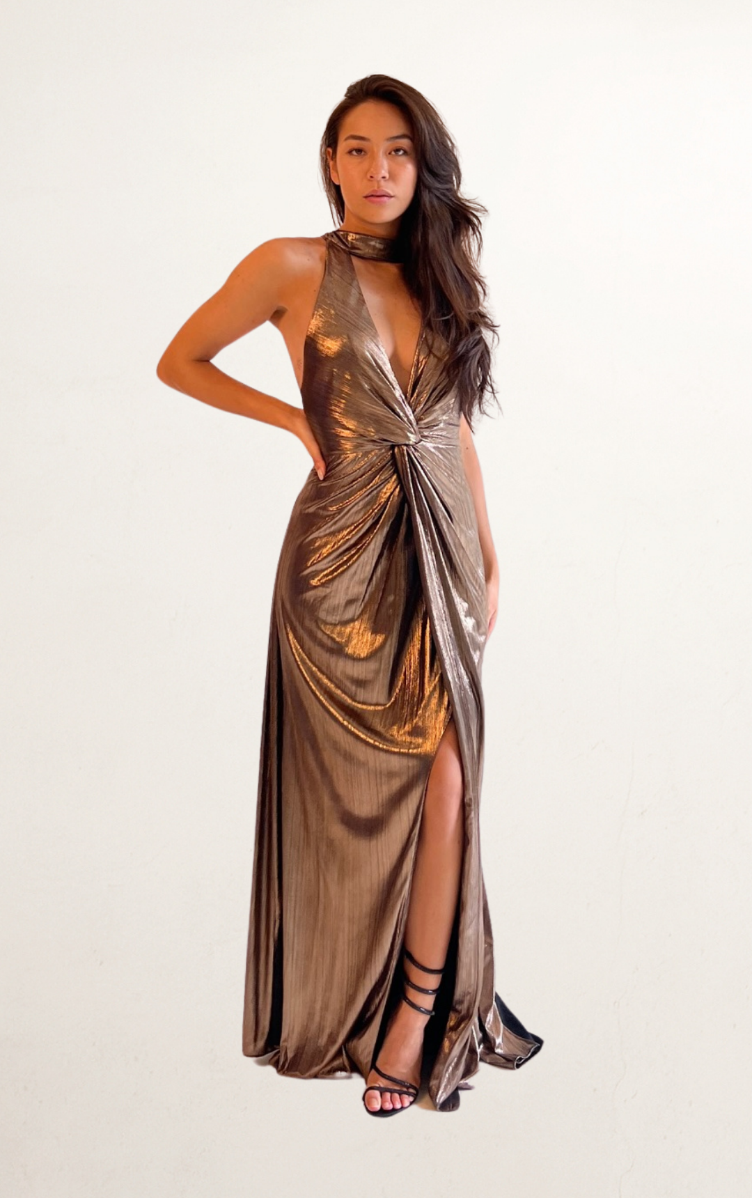 Gold Halter Plunge Crossback Dress