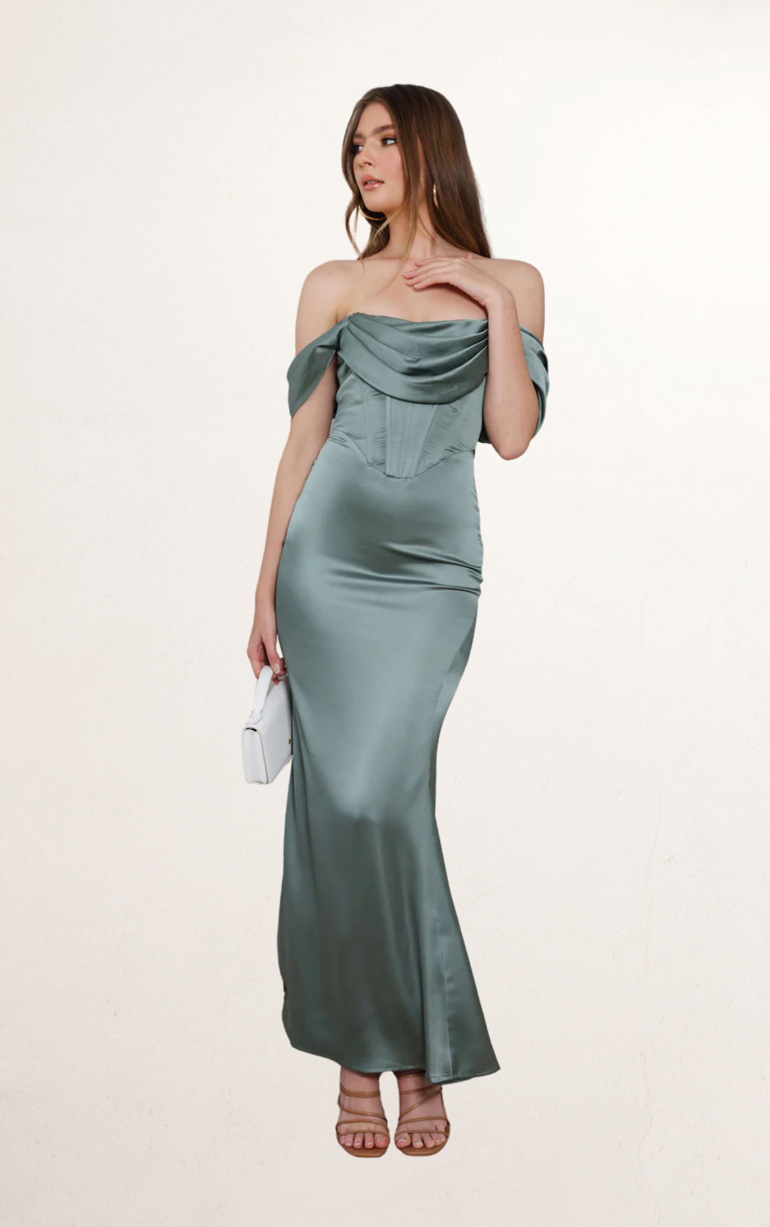 Sage Off-Shoulder Silk Corset Dress