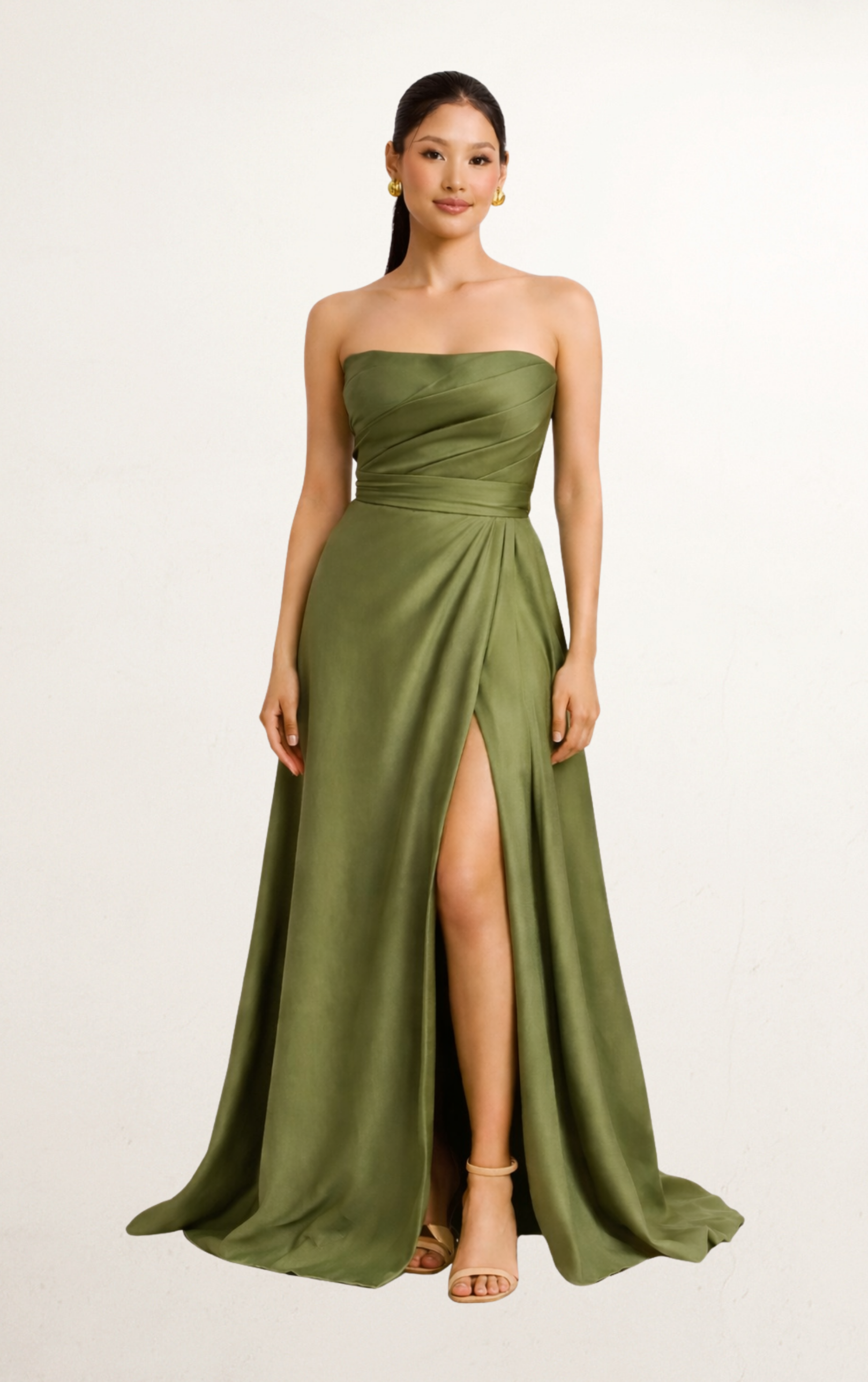 Green Pleated Silk Bodice Evening Gown Rental | Stylish Gown Dress Rental