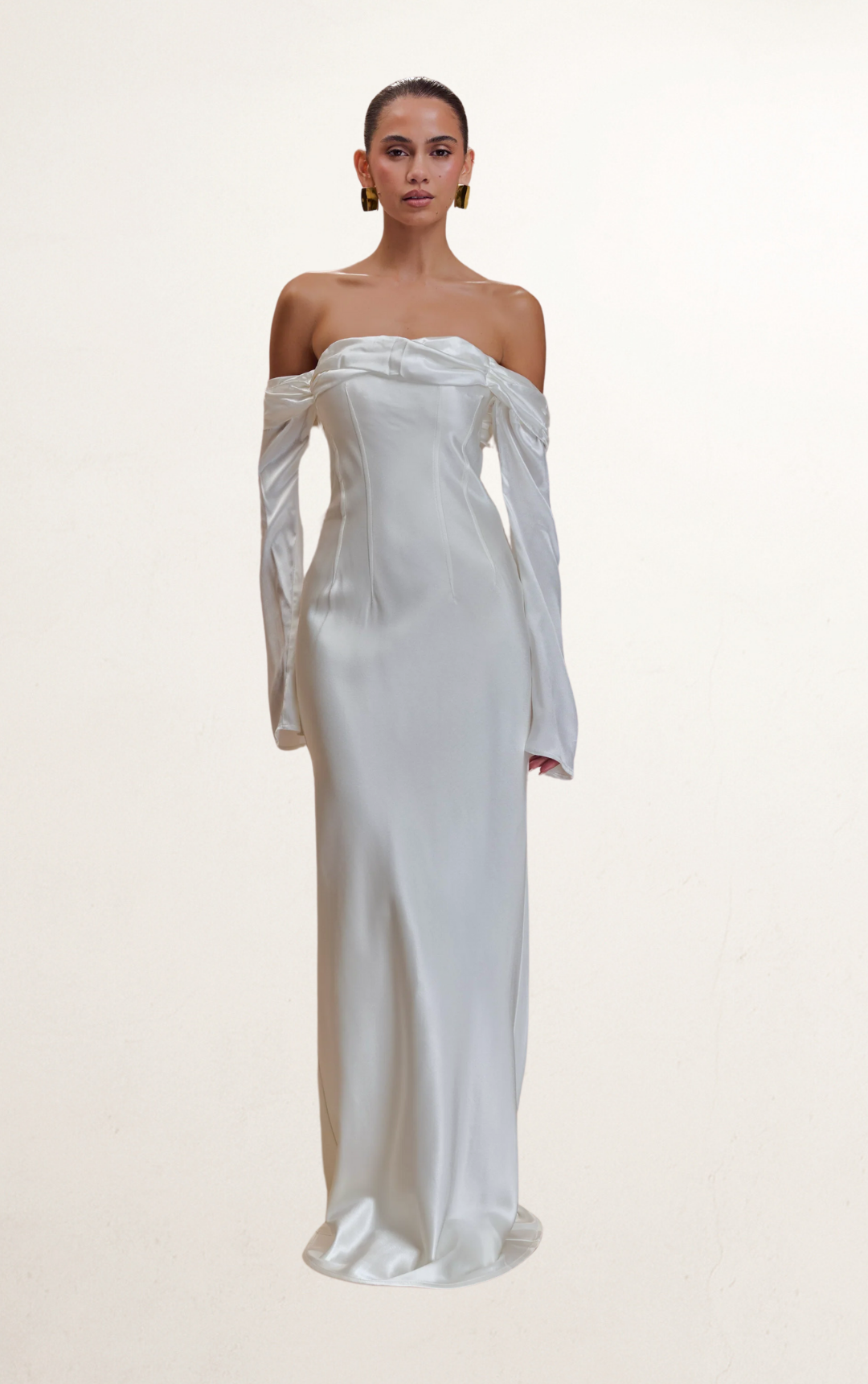 White Off-Shoulder Cowl Satin Bridal Gown