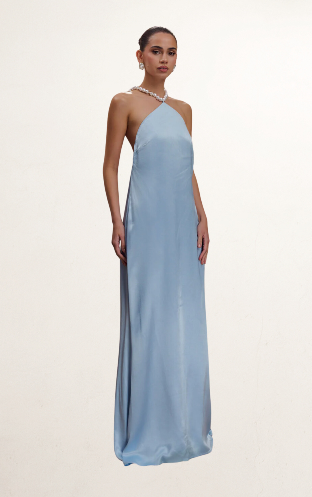 Blue Satin Pearl Halter Maxi Dress