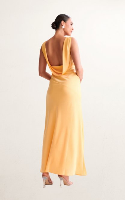 Yellow Satin Maxi Dress with Back Cowl