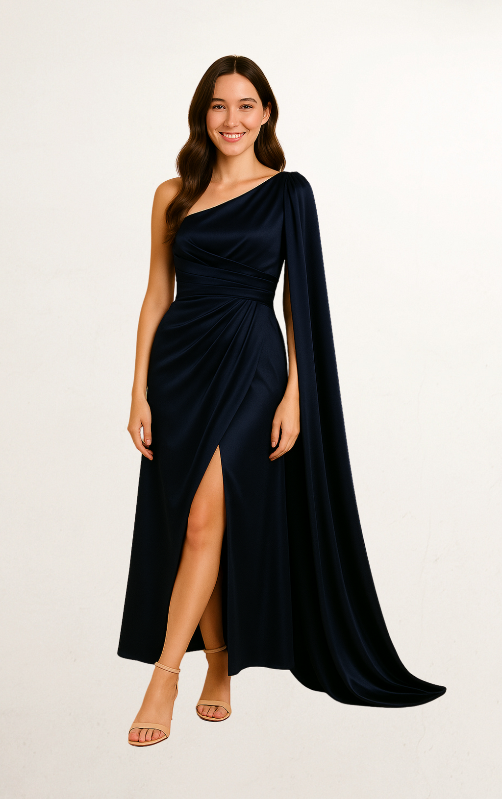 Blue Silk One-Shoulder Draped Train Dress