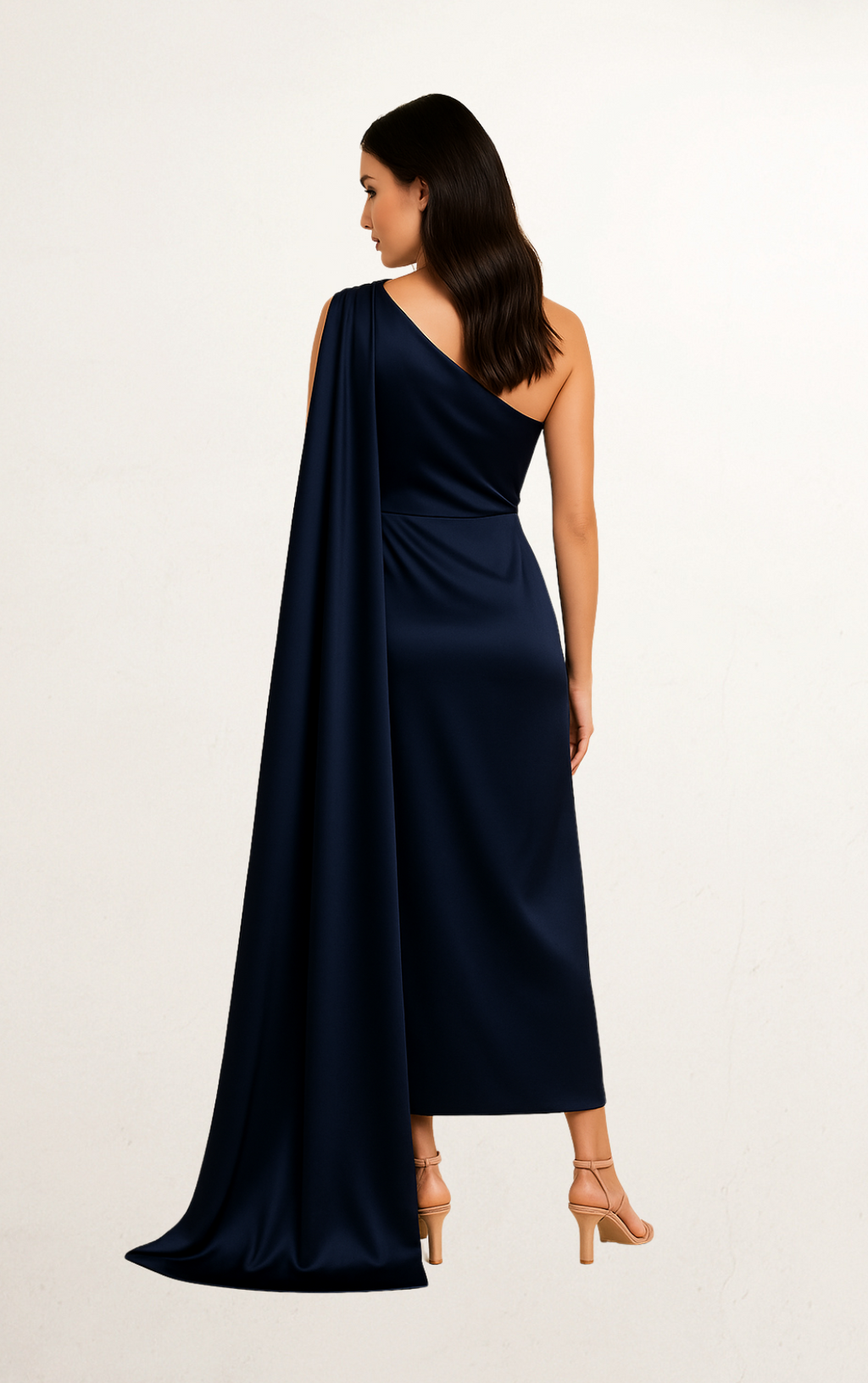 Blue Silk One-Shoulder Draped Train Dress