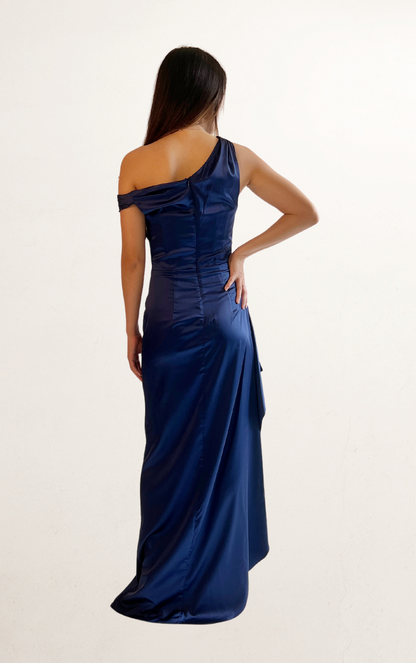 Blue Satin One-Shoulder Dress