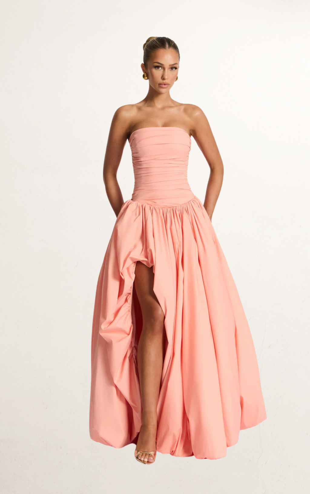 Peach Strapless Ruched Bodice Ball Gown