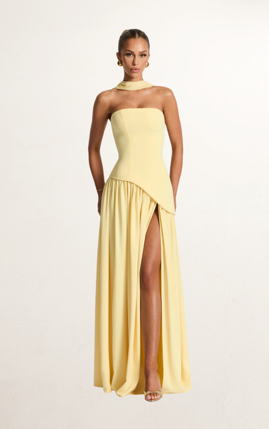 Butter Yellow Strapless Scarf Slit Gown