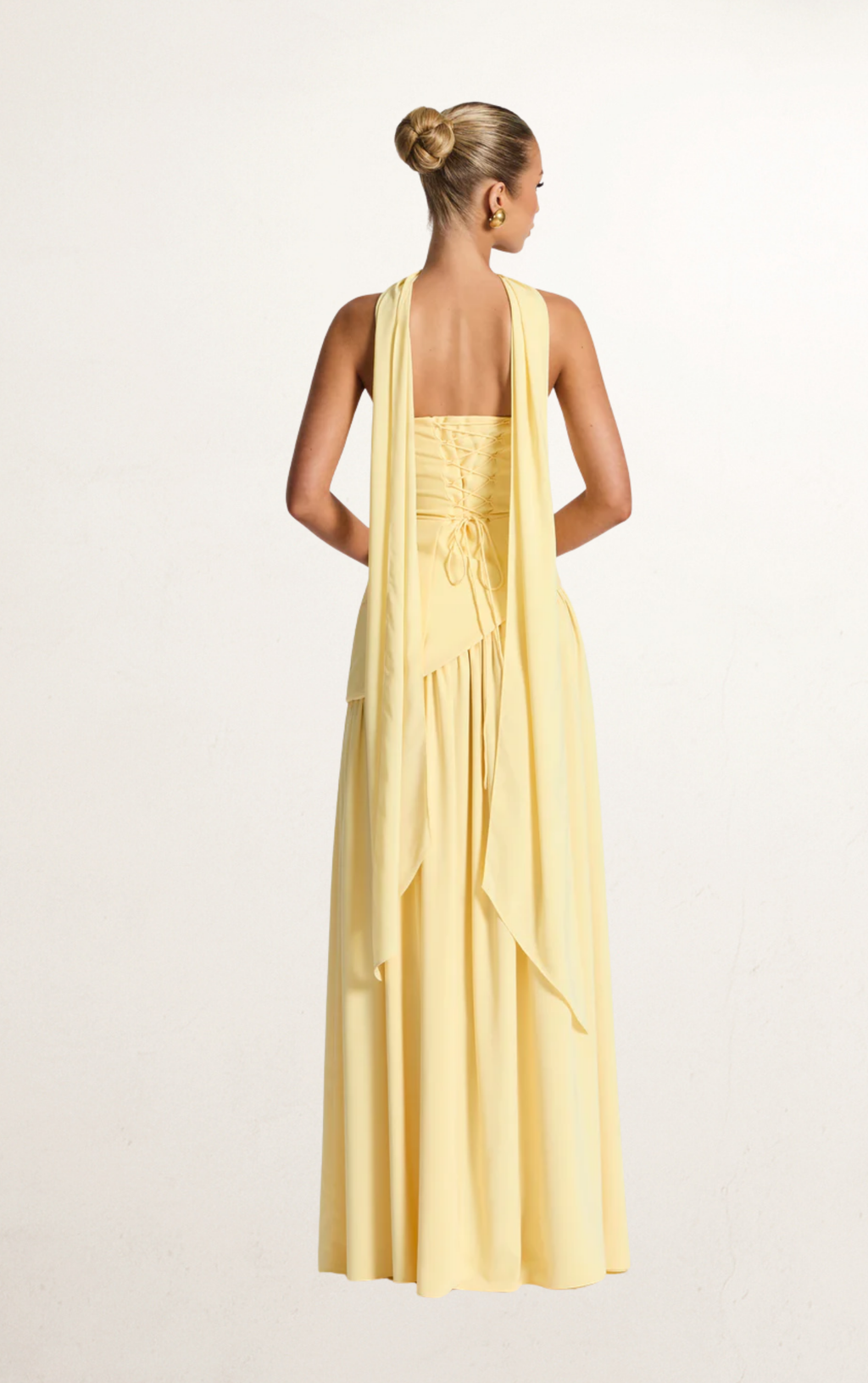 Butter Yellow Strapless Scarf Slit Gown