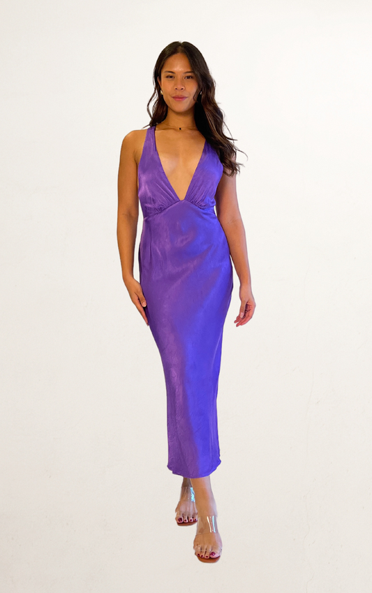 Purple Shona Joy Plunge Crossback Silk Dress