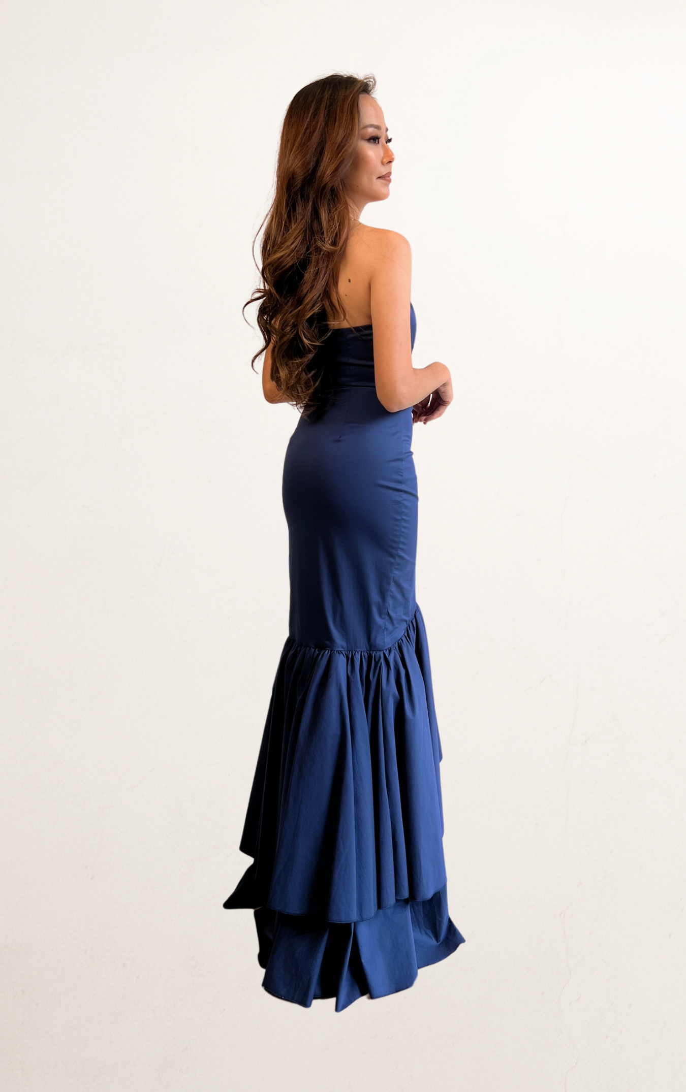 Blue Off-Shoulder Ruffle High Low Dress