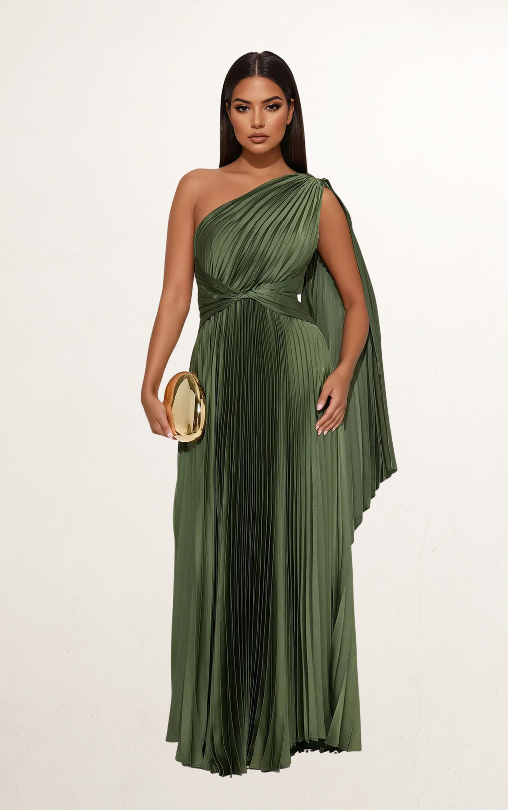 Green Pleated One-Shoulder Maxi Dress
