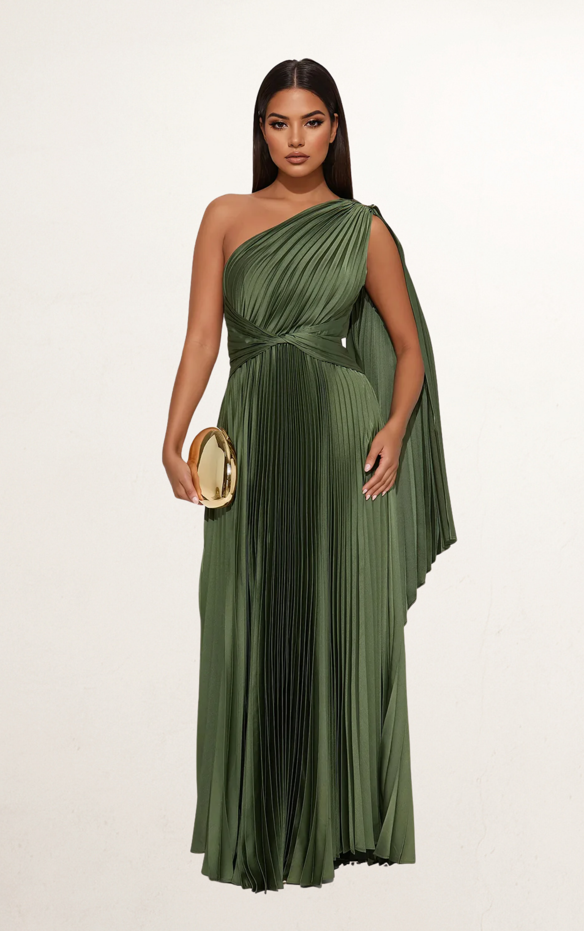 Green Pleated One-Shoulder Maxi Dress