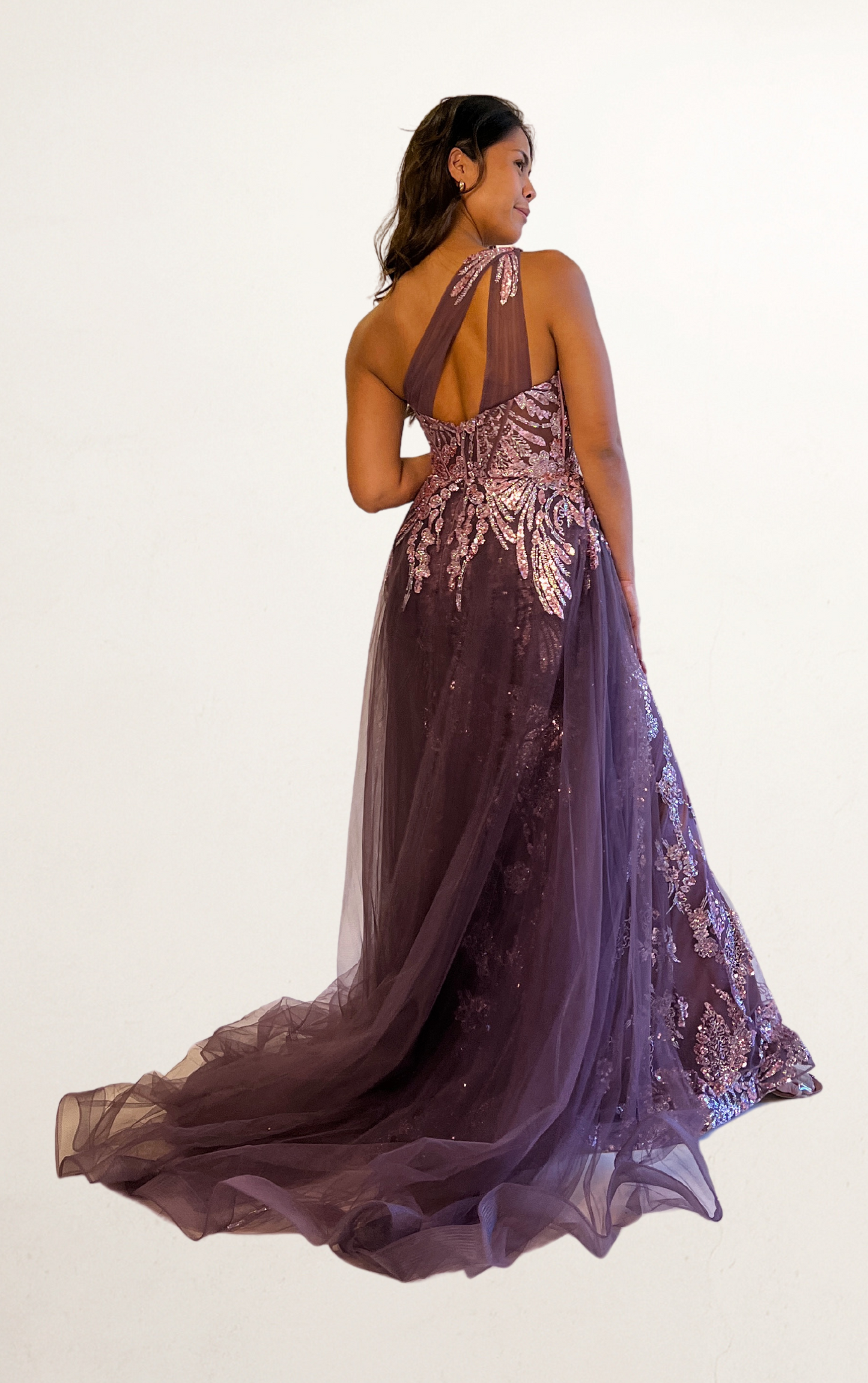 Purple One-Shoulder Train Dress