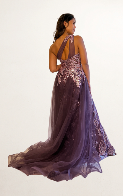 Purple One-Shoulder Train Dress