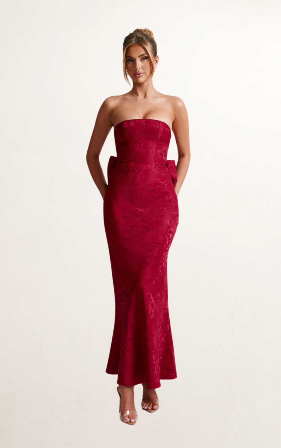 Red Off-Shoulder Bow Maxi Dress