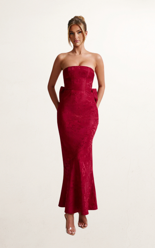 Red Off-Shoulder Bow Maxi Dress