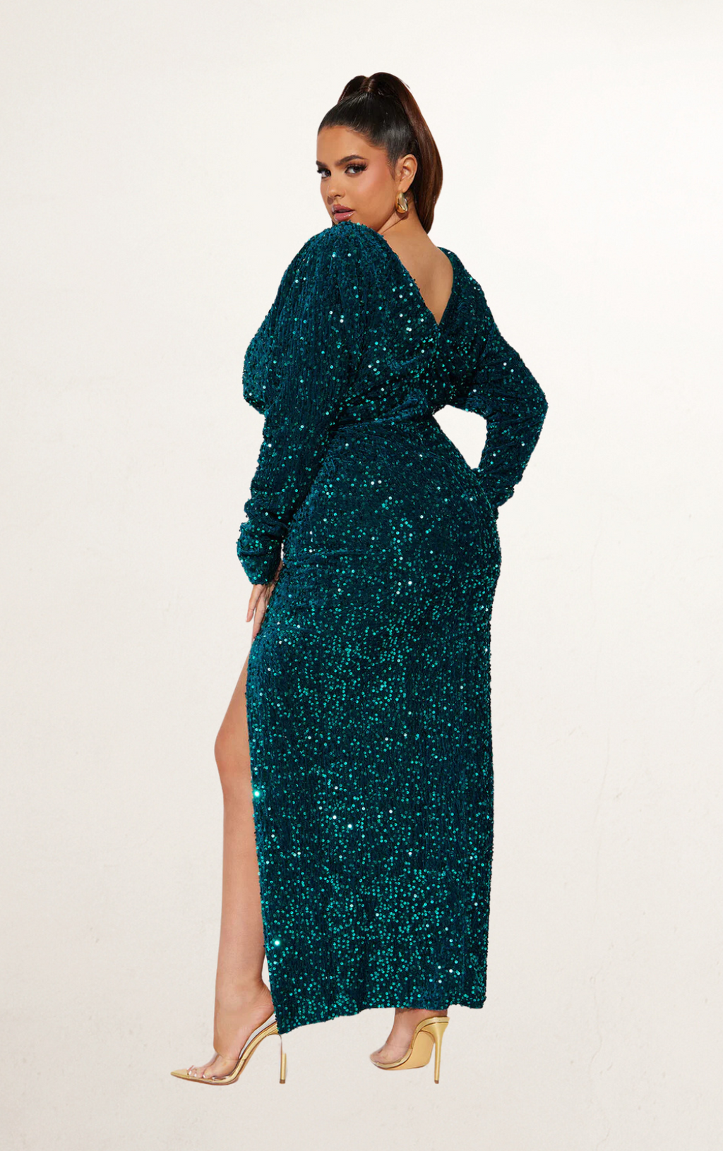 Green Sequin Wrap Long Sleeve Dress