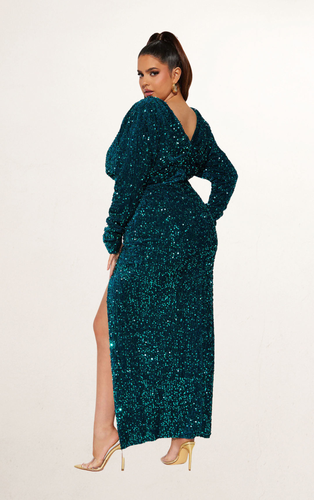 Green Sequin Wrap Long Sleeve Dress