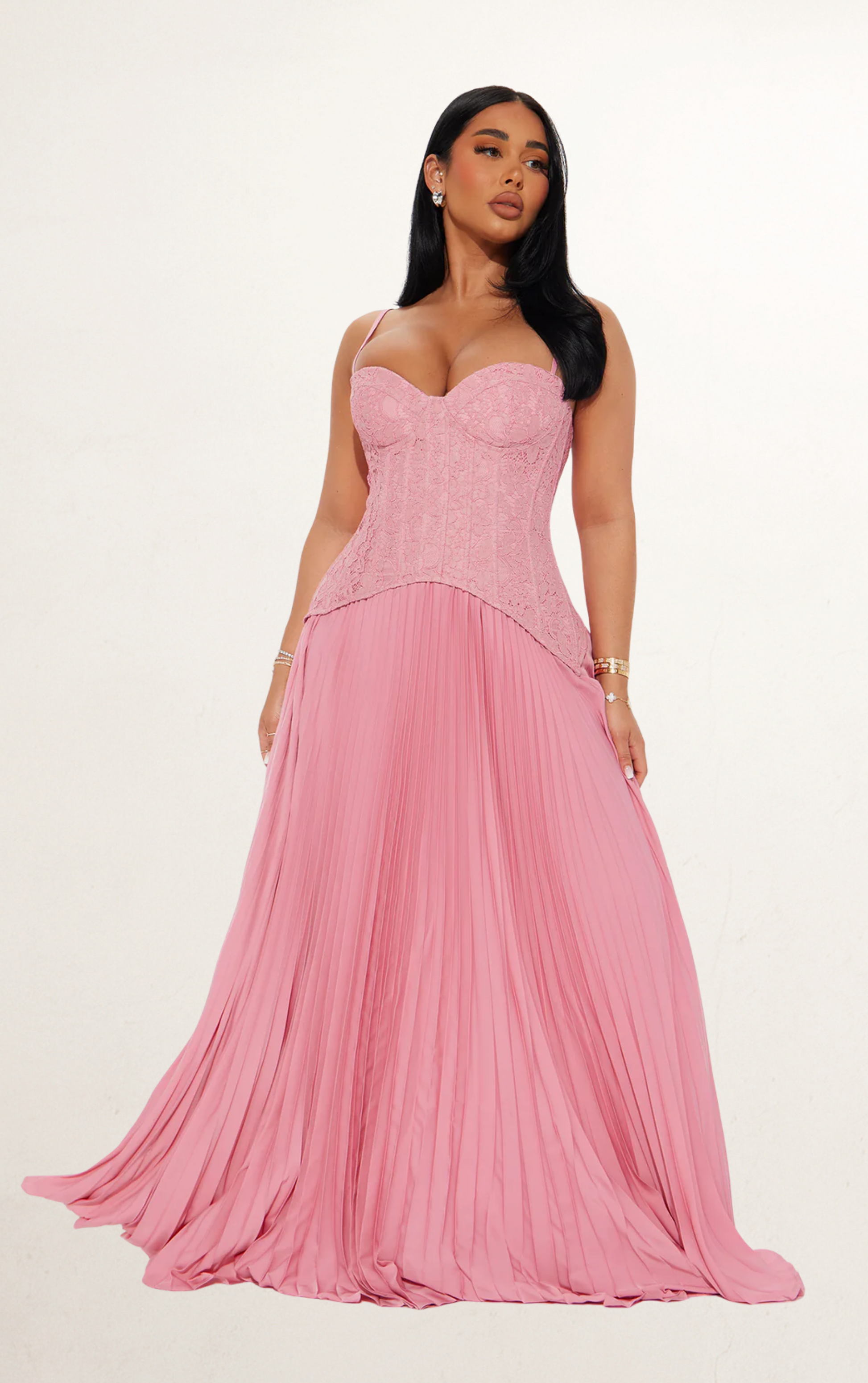 Pink Lace Corset Pleated Maxi Dress
