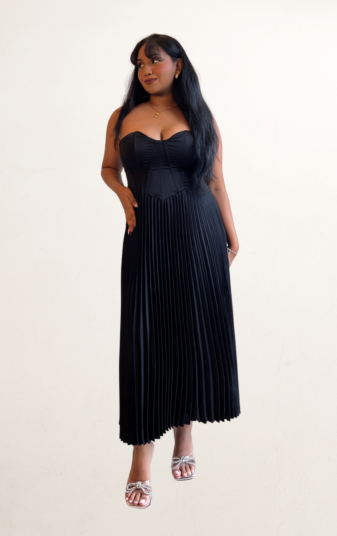 Black Satin Corset Pleated Style Dress