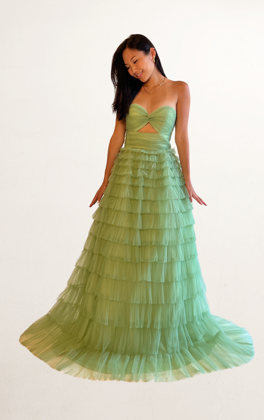 Green Off-Shoulder Tiered Tulle Dress