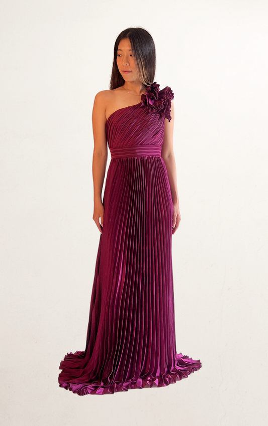 Purple Pleated One-Shoulder Satin Dress