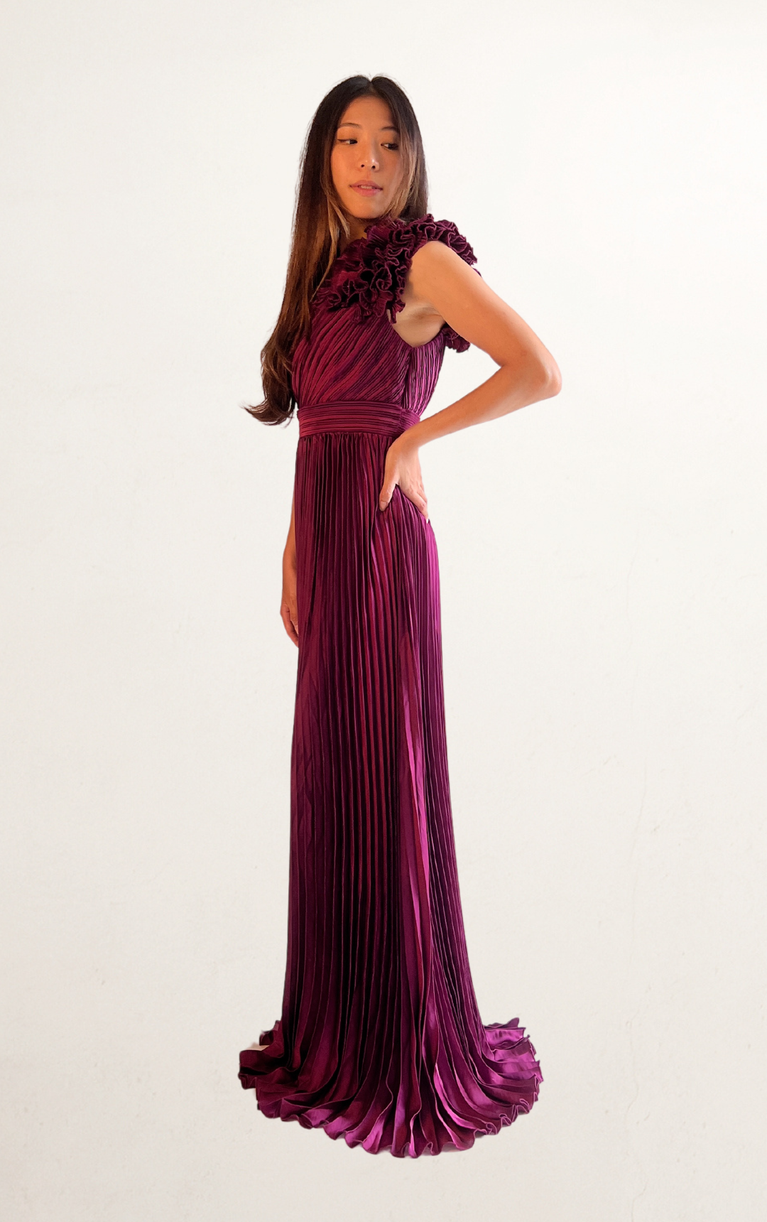 Purple Pleated One-Shoulder Satin Dress