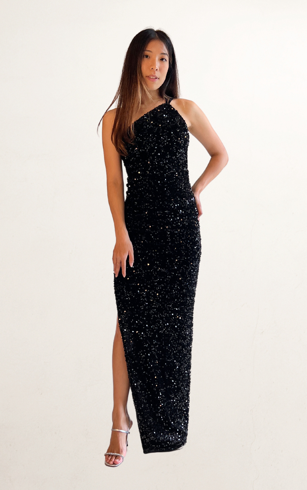Black Sequin One-Shoulder Dress