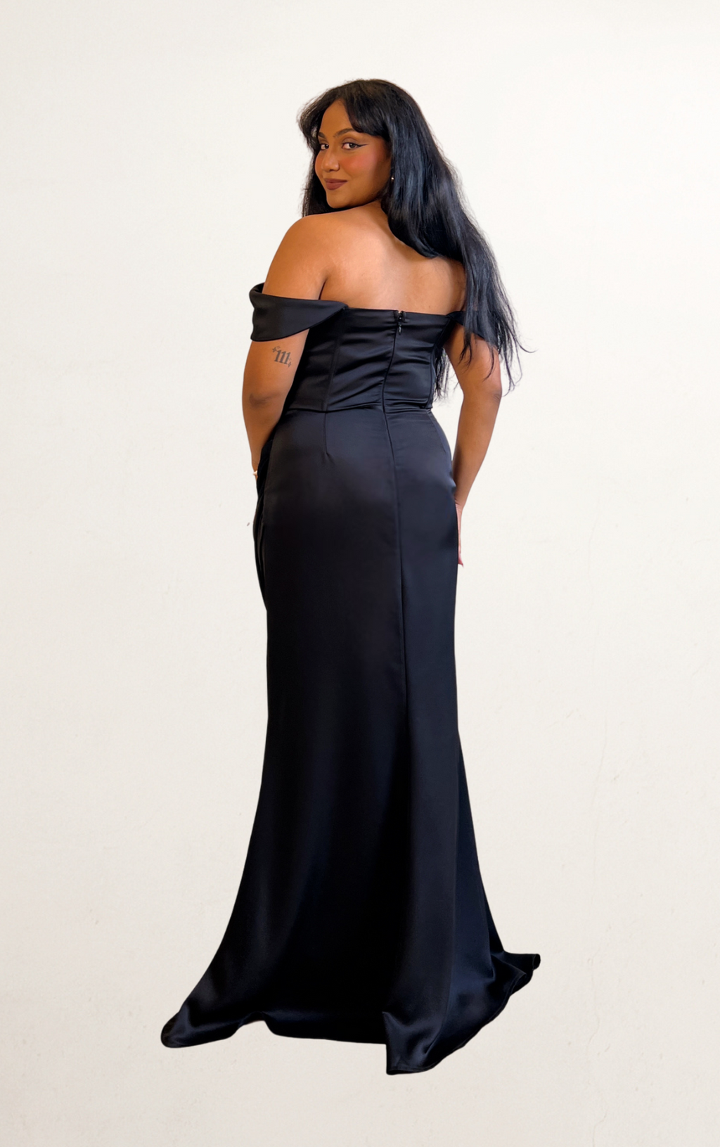Black Bardot Fishtail Satin Off-Shoulder Dress