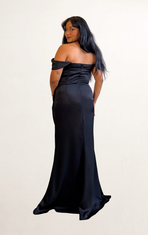 Black Bardot Fishtail Satin Off-Shoulder Dress