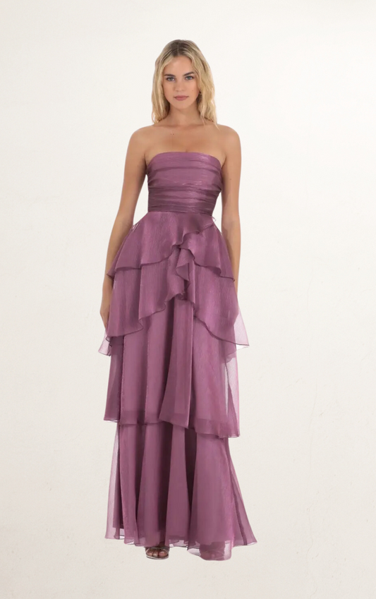 Purple Corset Ruffle Strapless Maxi Dress