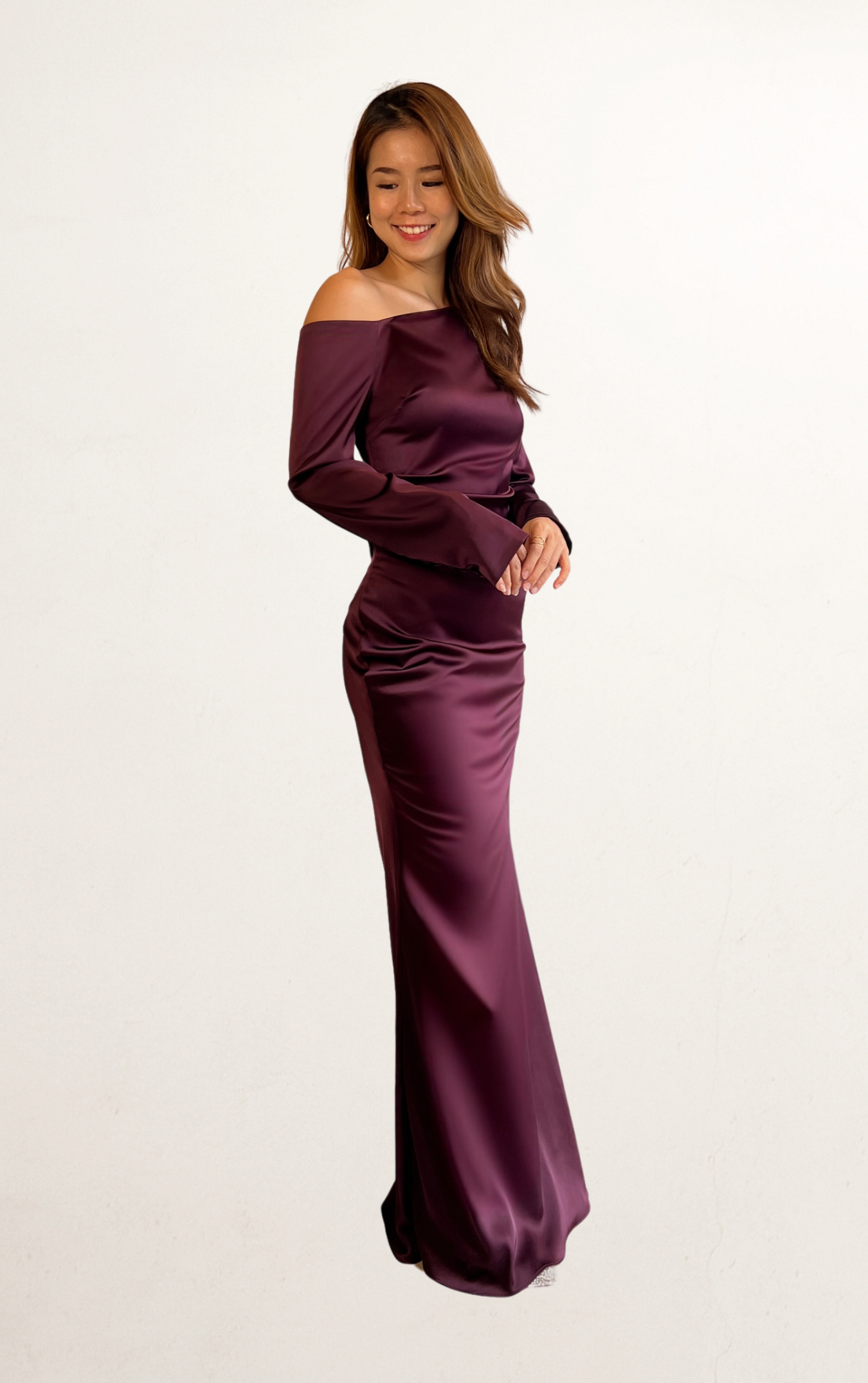 Purple Satin Long Sleeve One-Shoulder Dress
