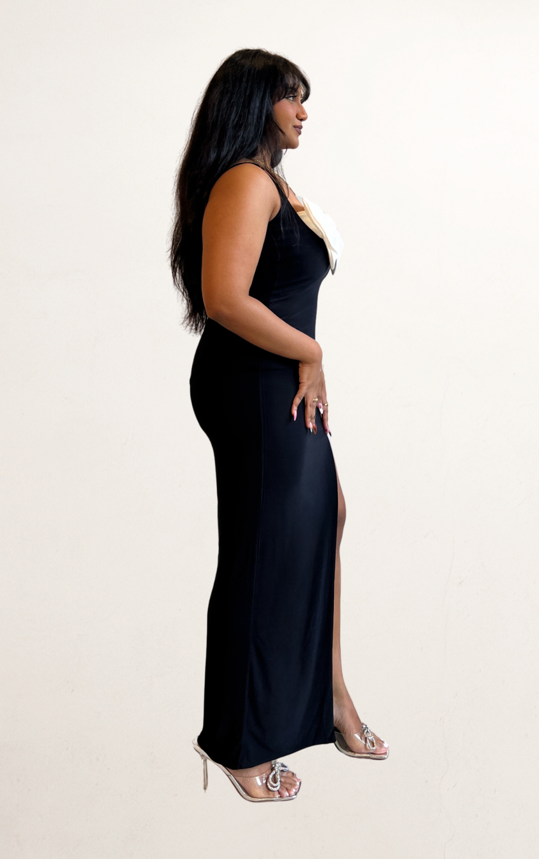 black maxi dress with white bow Ava Presley 40151 Black & White Gown with Bow Detail