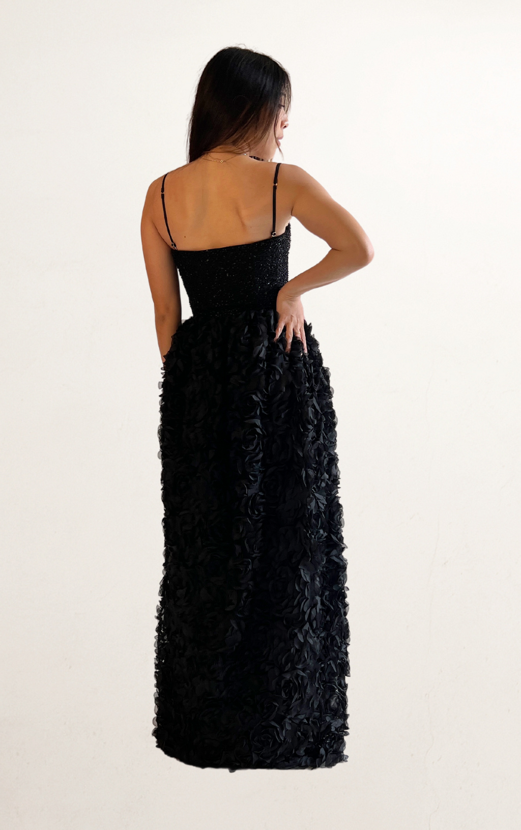 Black Floral-Appliqué Corset Top Dress