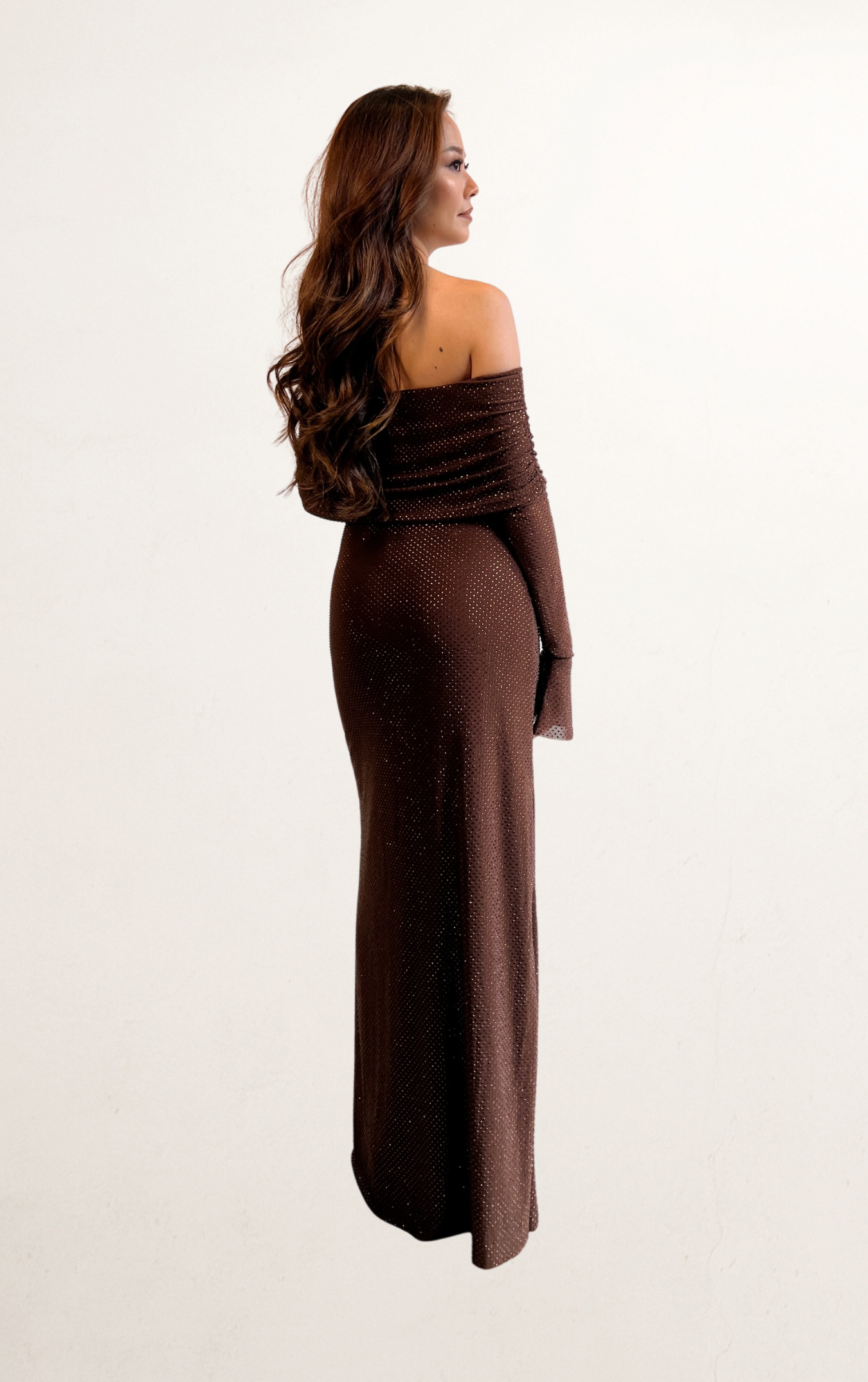 Brown Off-Shoulder Diamante Dress Brown Off-Shoulder Diamante Dress