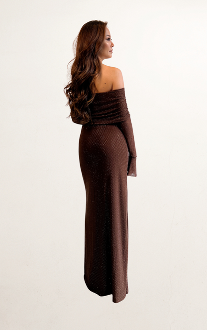 Brown Off-Shoulder Diamante Dress