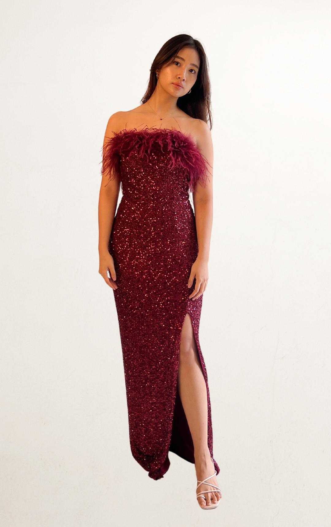 Red Feather Bandeau Sequin Dress