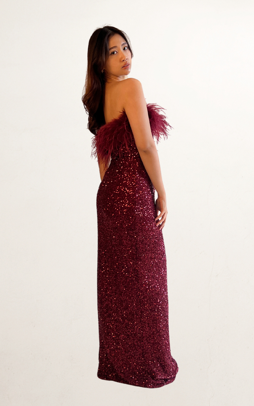 Red Feather Bandeau Sequin Dress
