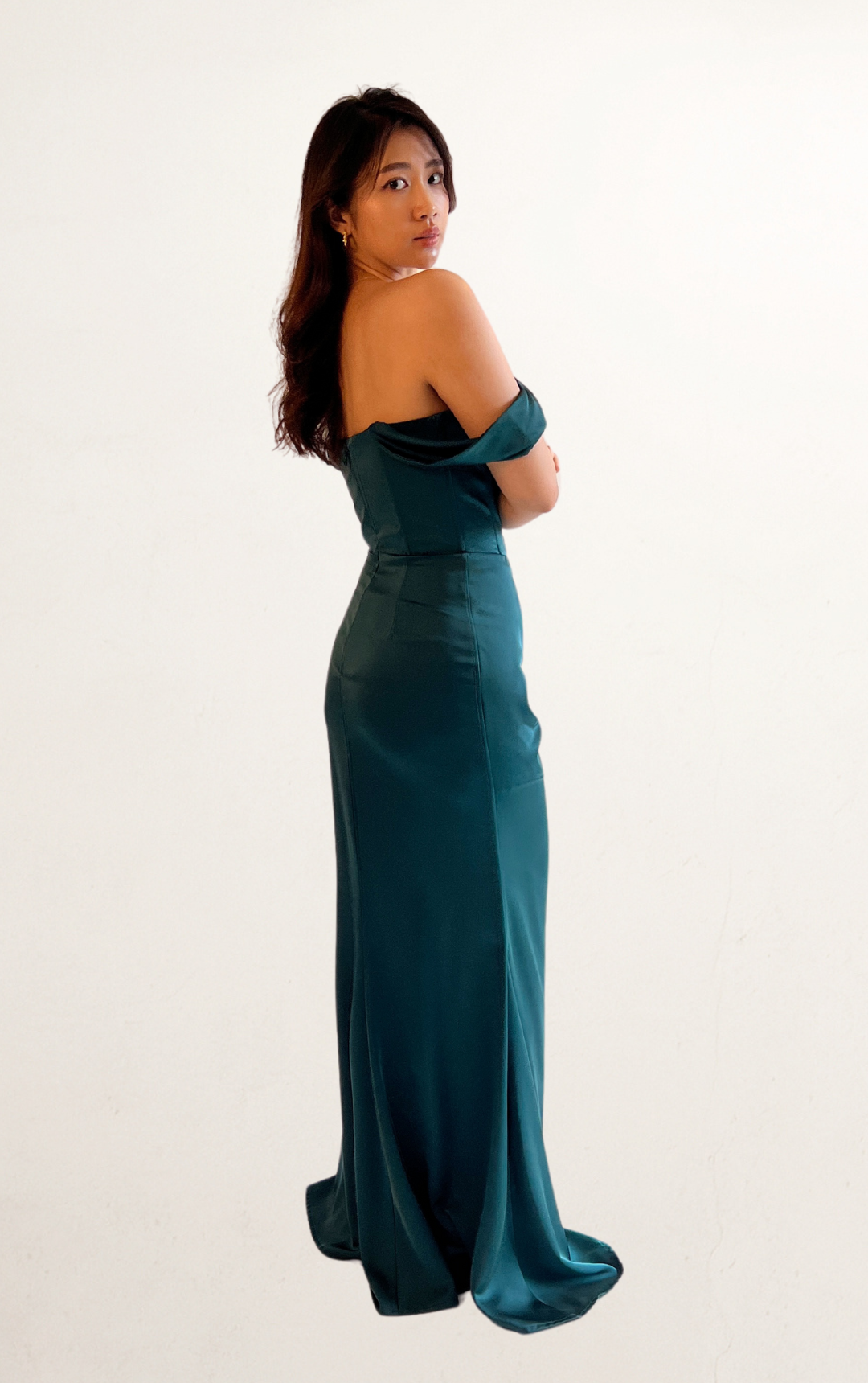 Green Corset Off-Shoulder Satin Dress