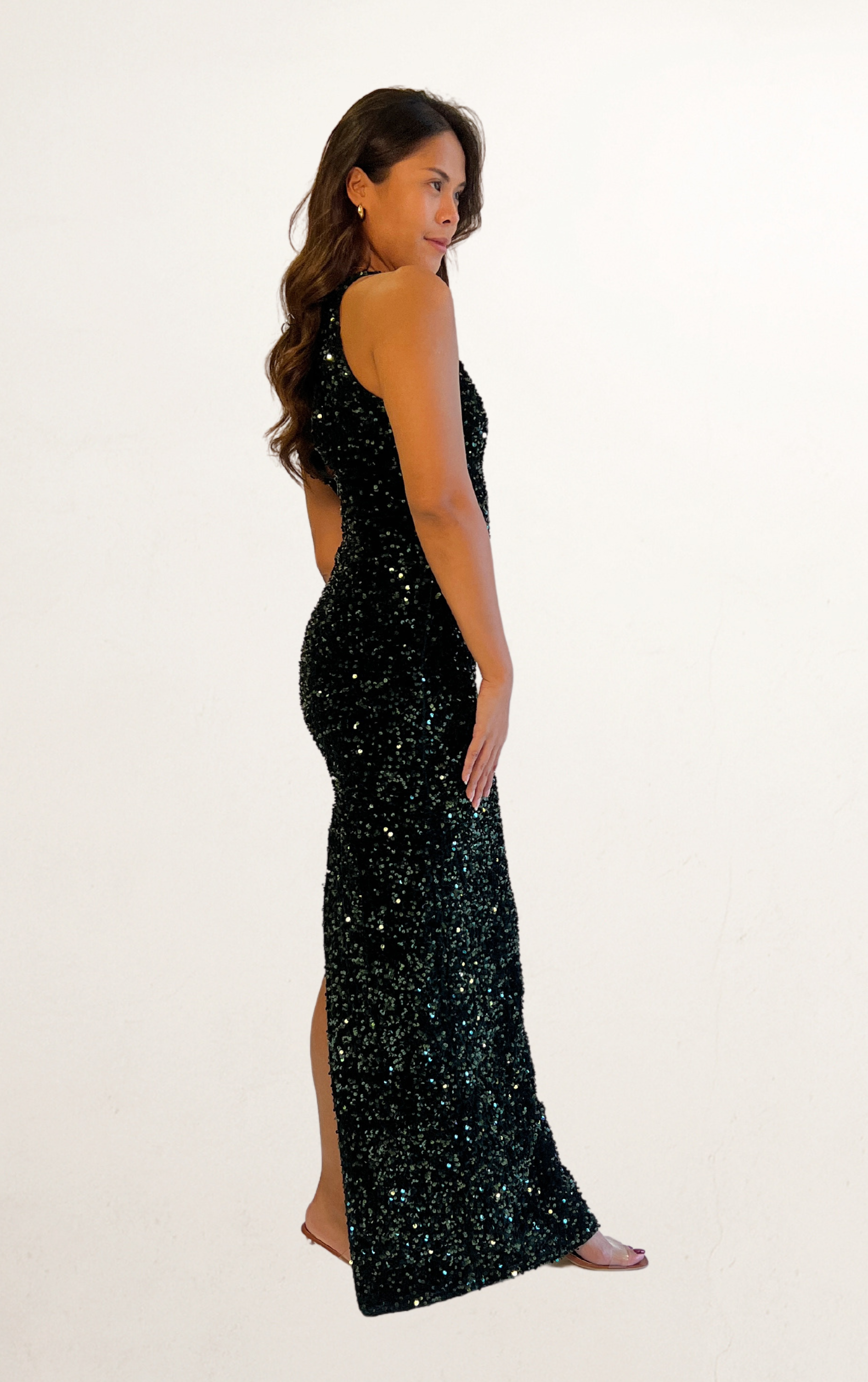 Green Sequin Plunge Deep V Dress