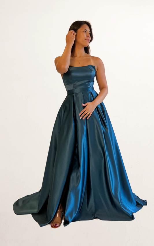 Green Satin Off-Shoulder Sweep Dress