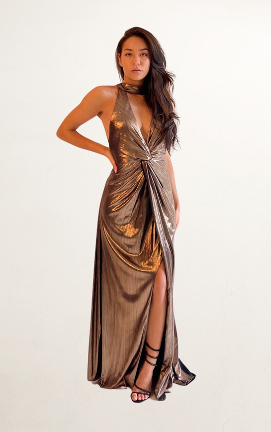Gold Halter Plunge Crossback Dress