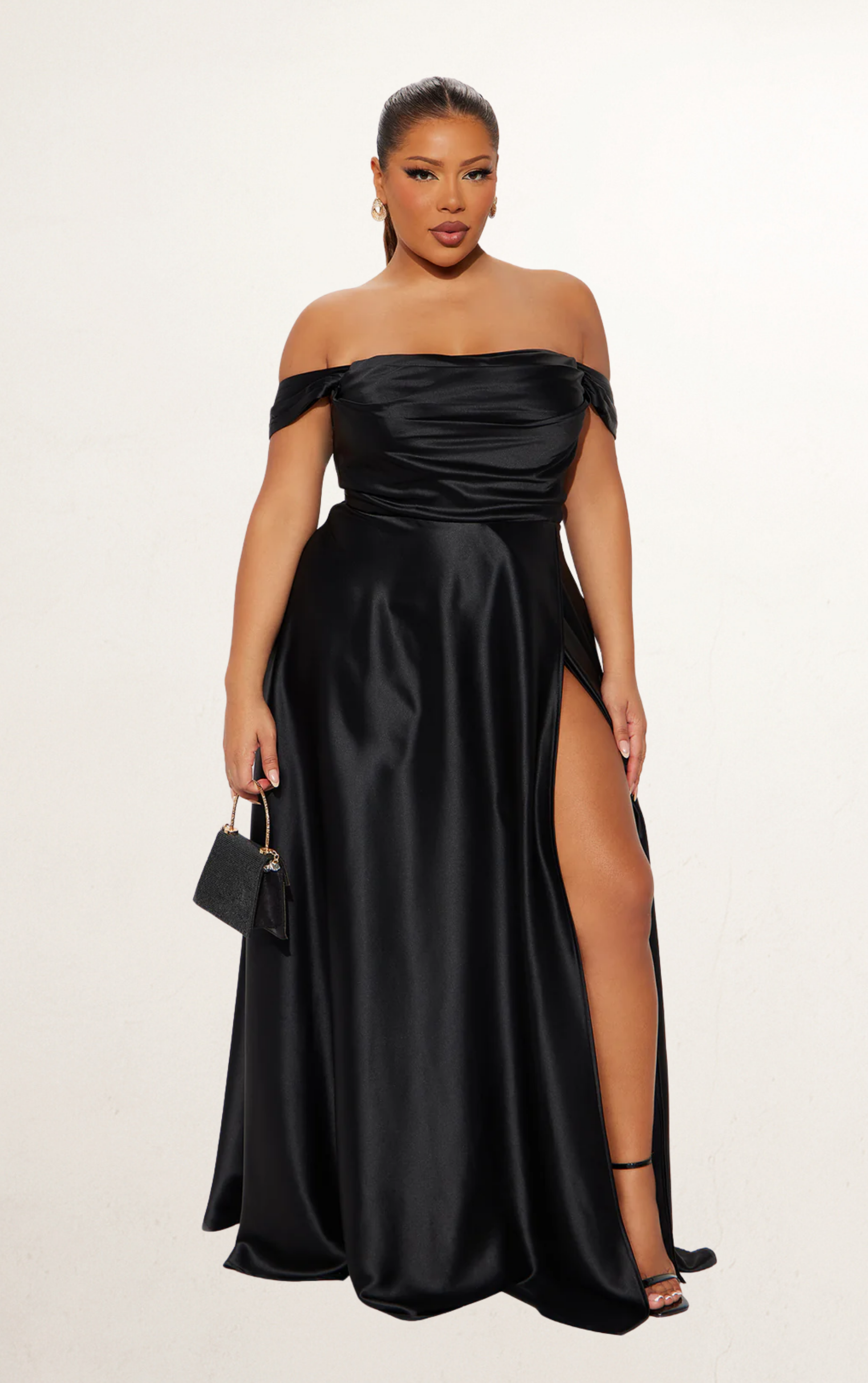 Black Satin Off-Shoulder Ball Gown