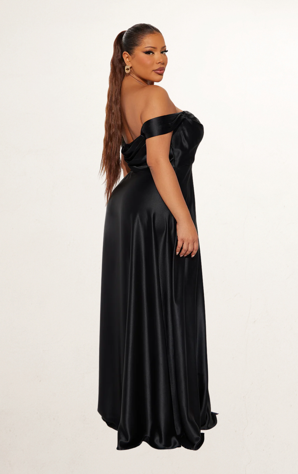 Black Satin Off-Shoulder Ball Gown