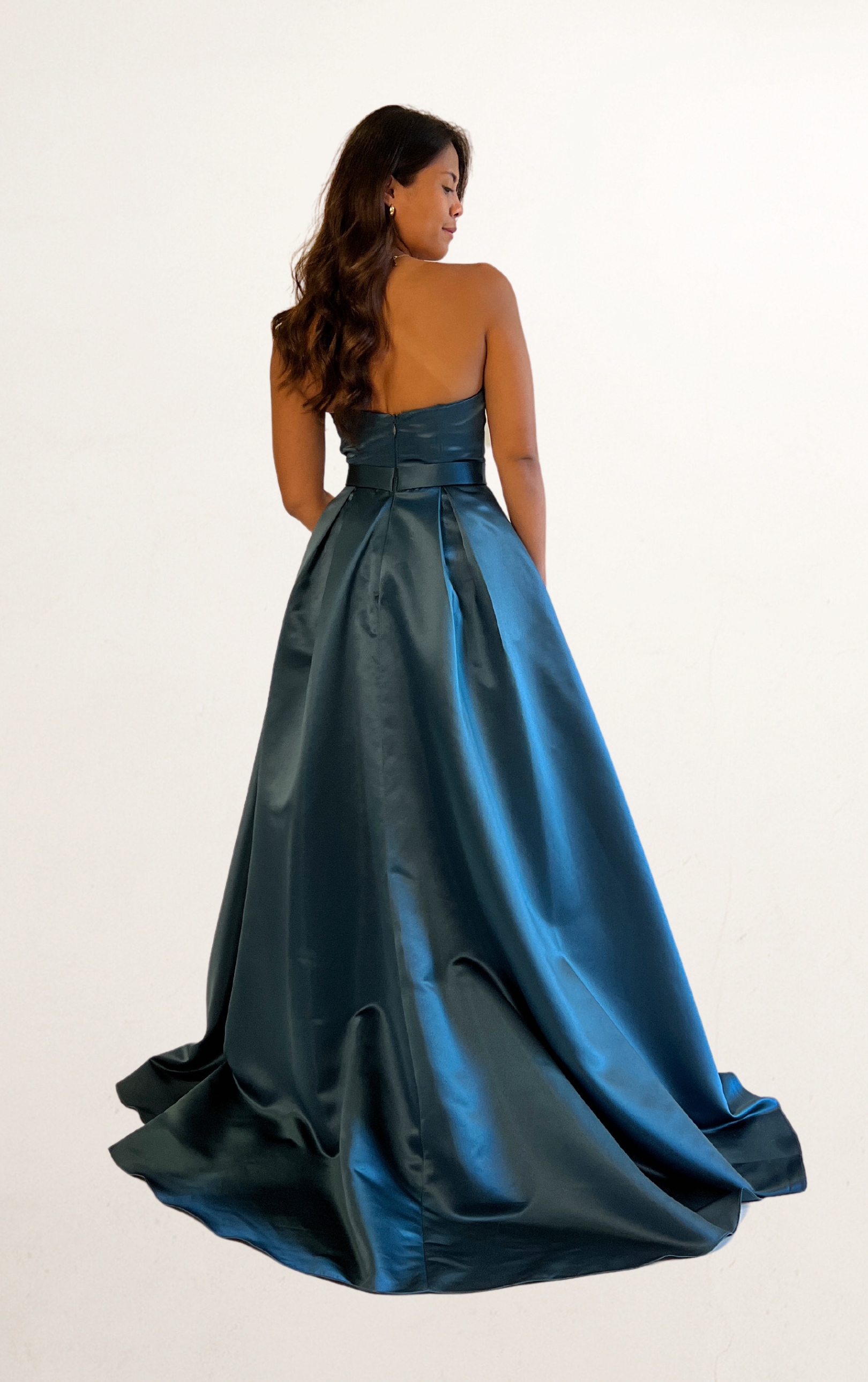 Green Satin Off-Shoulder Sweep Dress