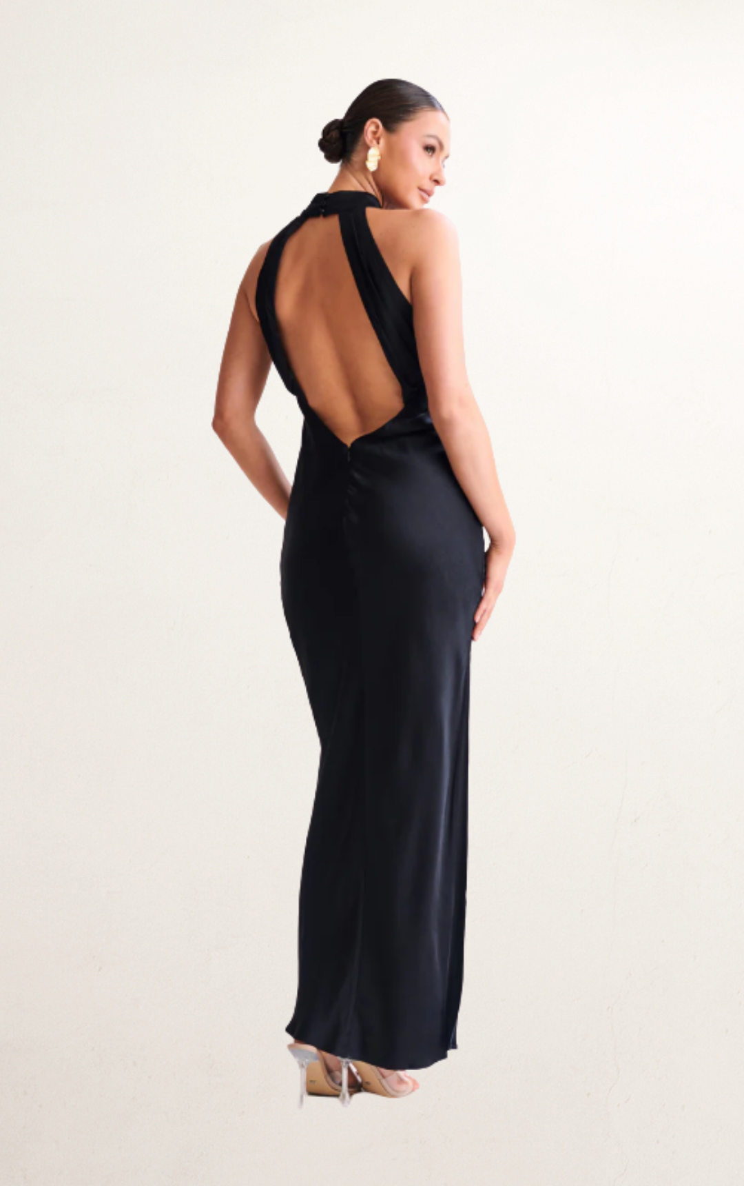 Black Satin Drape Back Maxi Dress with Split Dress Rental | Stylish & Flowy  Dress Rental