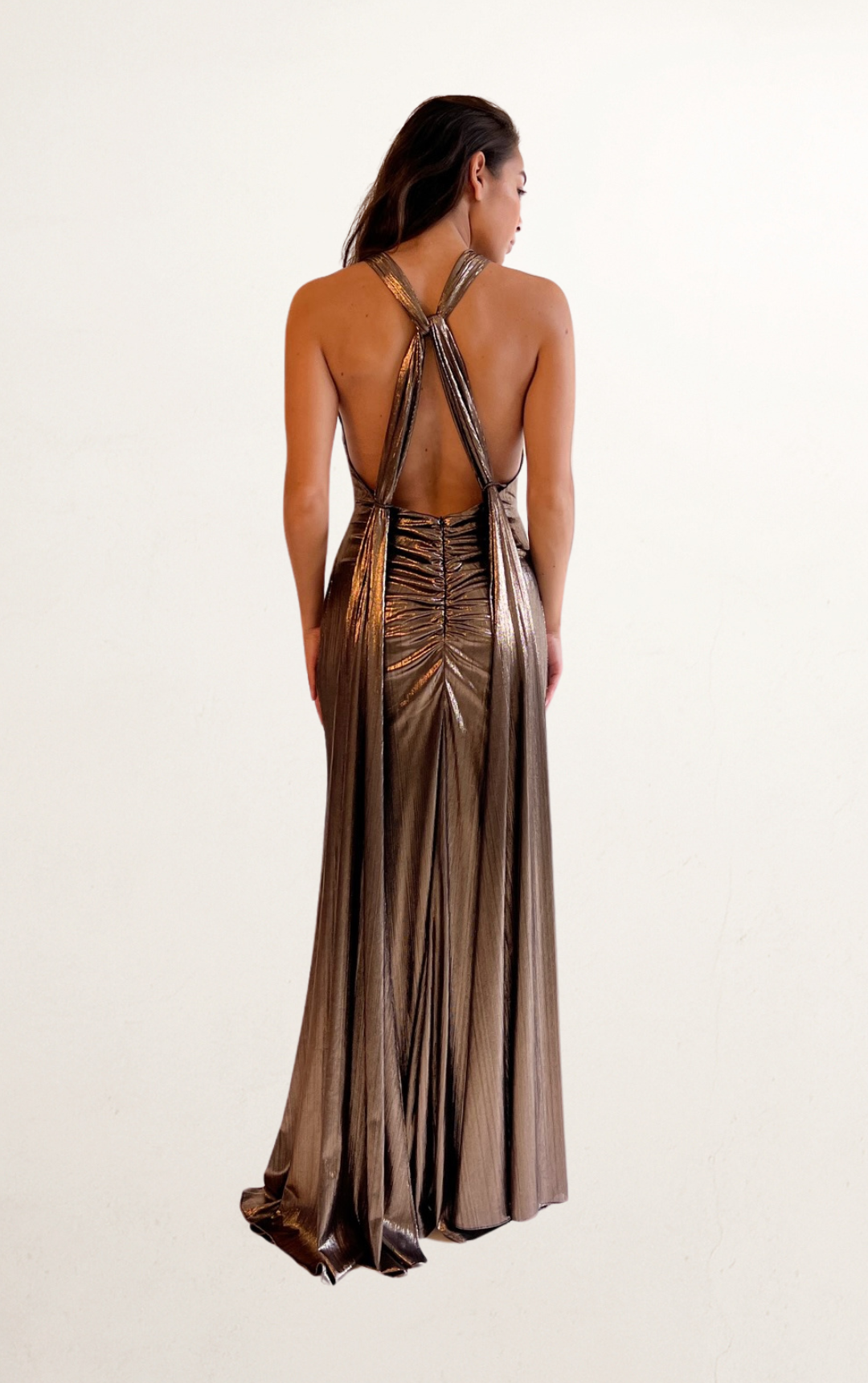 Gold Halter Plunge Crossback Dress