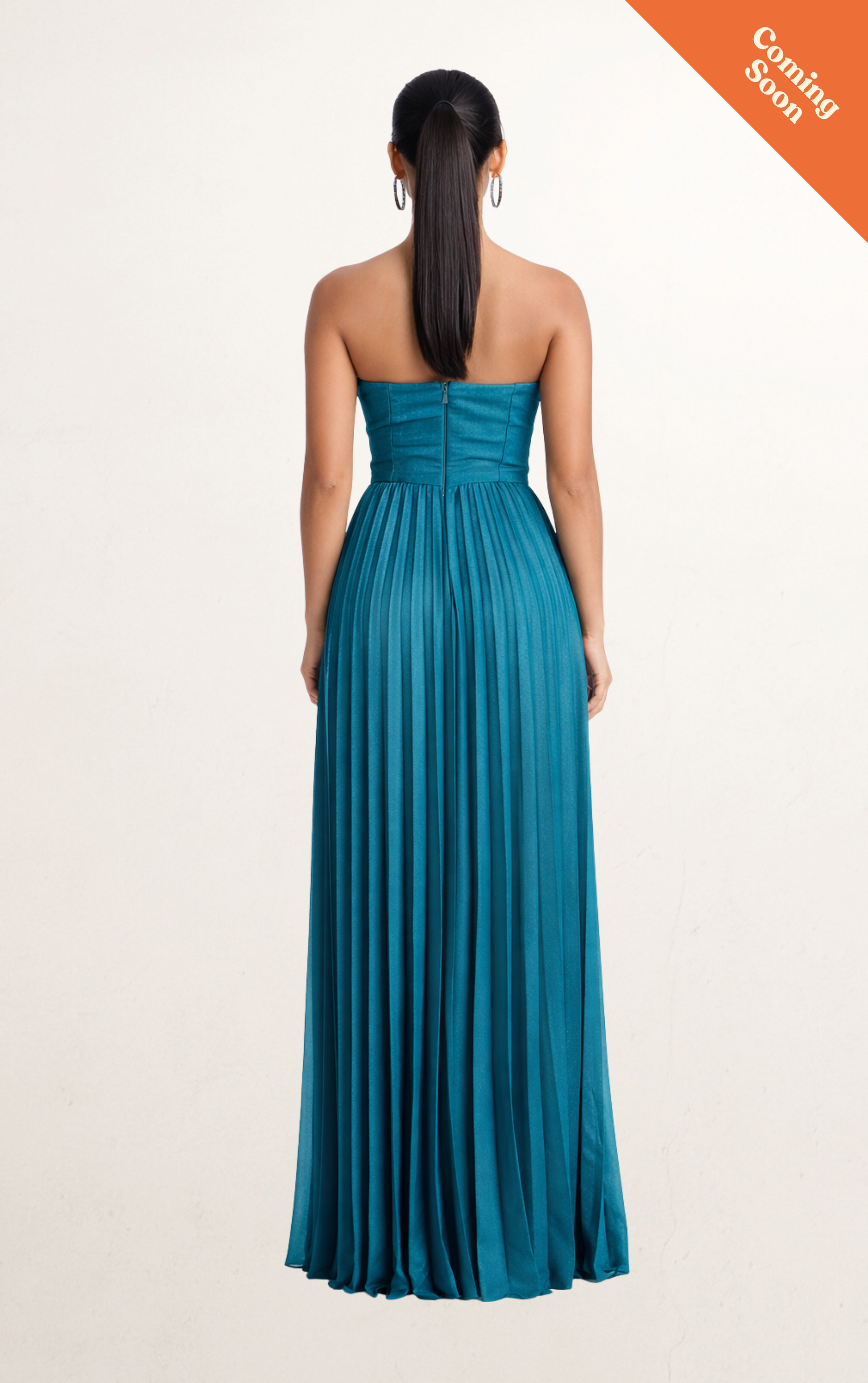 Blue Teal Plisse Strapless Gown